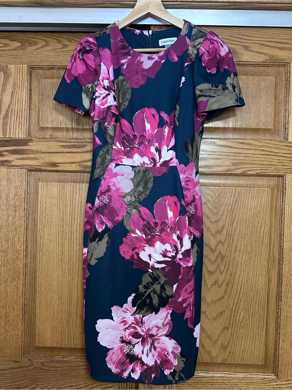 Calvin Klein Women's Floral Peony Midi Short Sleeve Dress Size 4 Pink Blue Navy